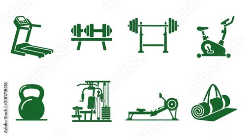 Принти на полотні Collection of gym equipment icons including treadmill, weights, and exercise bik