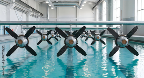 Industrial water aerator fans operating in a large wastewater treatment plant pool for oxygenation and cleaning