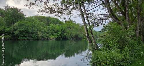 Obraz na plátně The river flows gently between dense trees, reflecting the sky and greenery like a living mirror