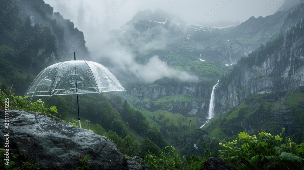 Fototapeta premium A Transparent Umbrella Against The Misty Swiss Alps