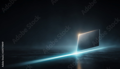 Angled card luminous cyan glowing futuristic minimal dark background abstract technology sleek modern design card floats above glowing cyan line