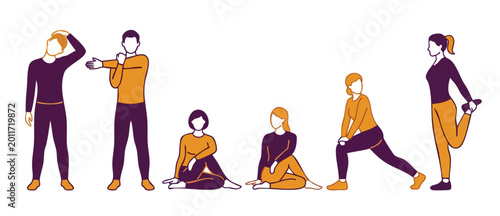 Schilderij op canvas People stretching body exercises set, fitness workout routine, healthy lifestyle illustration, active characters in various poses for training guide, wellness activities, flat vector icon set design