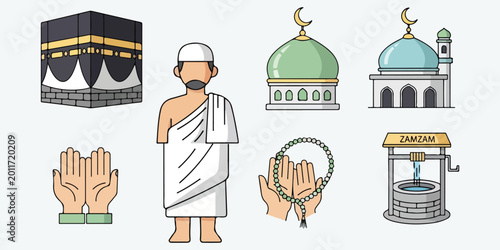 Foto Islamic pilgrimage icon set featuring Kaaba, pilgrim, and prayer beads