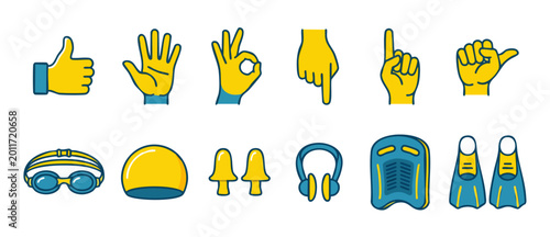 Billede på lærred Swimming gear and hand gestures icons set, water sports equipment accessories an