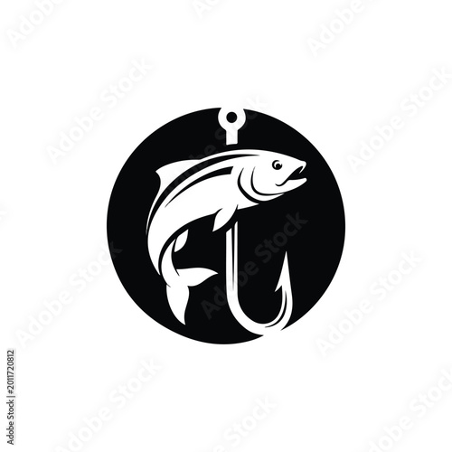 Circular monochrome fishing logo design with fish and hook.