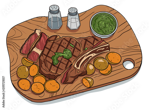 Grilled Steak with Potatoes and Sauce Illustration