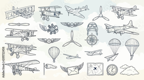 Obraz na płótnie A vintage collection of hand-drawn aviation illustrations, featuring various aircraft, propellers, parachutes, and navigational tools, set against a cloudy sky background