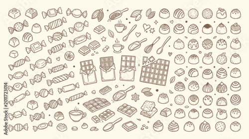 Quadro su tela A delightful collection of hand-drawn chocolate illustrations, featuring various candies, bars, and truffles, perfect for confectionery themes