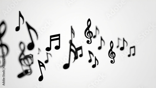 Black musical notes floating on a soft light background isolated on white background, illustration