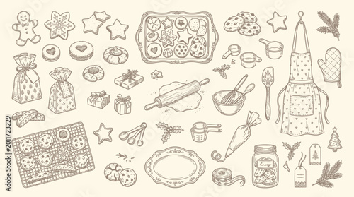 Foto Hand-drawn illustration of various Christmas cookies, baking ingredients, and tools, perfect for holiday baking and festive designs