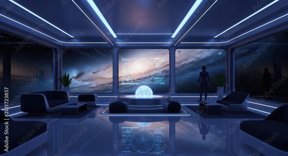 Fototapeta premium Futuristic living room with neon lights and large windows showing planet scifi interior