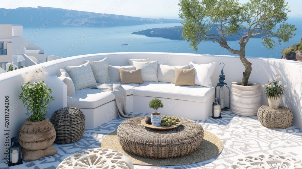 Naklejka premium Santorini Oasis: A Terrace With Breathtaking Aegean Views
