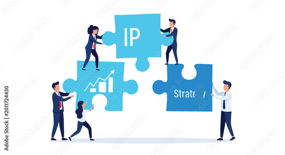 Fototapeta premium Diverse corporate business team integrating intellectual property protection into a scalable growth strategy through collaborative problem solving