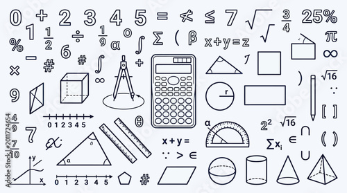 Obraz na płótnie A comprehensive collection of mathematical symbols, geometric shapes, and tools, illustrating various concepts in mathematics and calculation