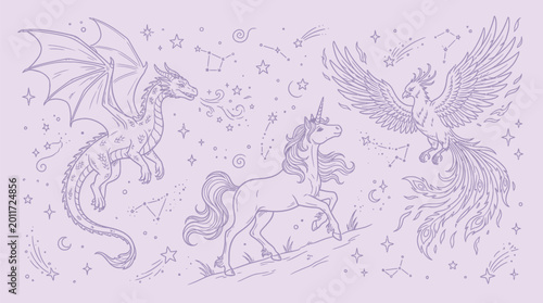 Foto A whimsical illustration featuring a majestic dragon, a graceful unicorn, and a fiery phoenix against a backdrop of stars and constellations