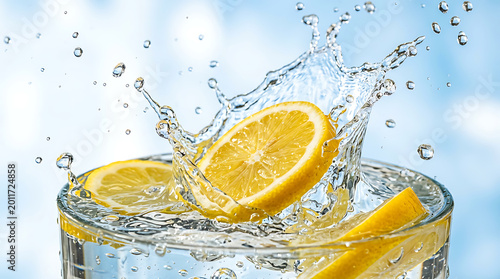 Lemon slices going into the water on the glass splashing water droplets frozen vibrant summer vibe