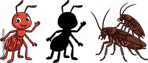 Tablou pe pânză Ant and Insect Icon Set with Red Cartoon Ant, Silhouette, and Realistic Grasshop