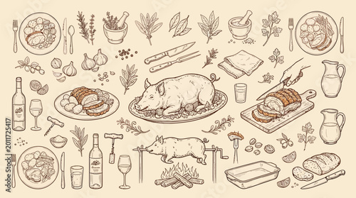 Cuadro en lienzo A detailed illustration of a rustic feast featuring roasted pigs, carved meats, wine, bread, and various herbs and spices, evoking a sense of abundance and traditional culinary practices