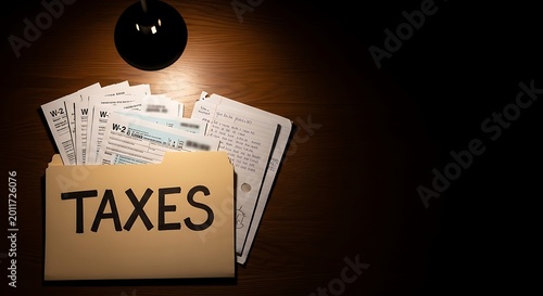 Beige folder labeled with the word taxes containing w-2 forms on a dark wooden desk illuminated by a single overhead light in a dim office room