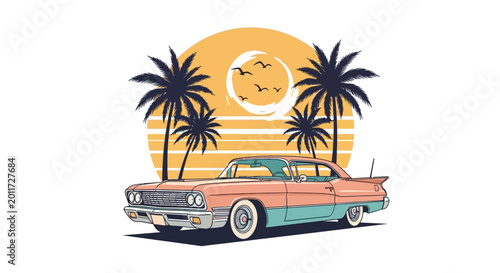 Vintage car with palm trees nearby.