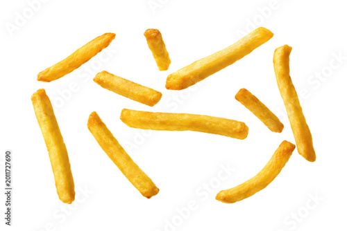 Fotografie Golden crispy french fries isolated on light gray background, appetizing fast fo