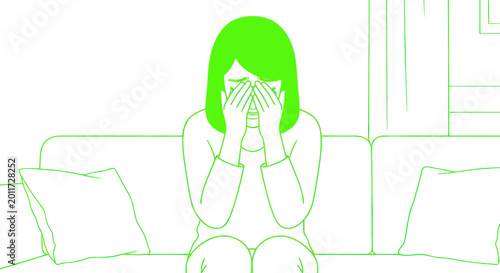 Schilderij op canvas Woman sitting on couch covering face.