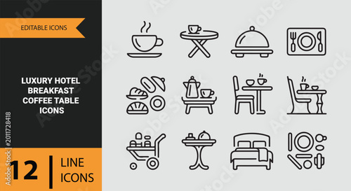Luxury hotel breakfast coffee table outline icon collection