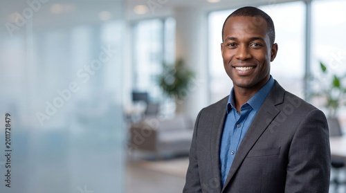 Confident African American Businessman Smiling in Modern Office