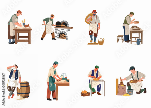 Foto Illustration of Traditional Bakers and Millers Performing Various Steps of Bread