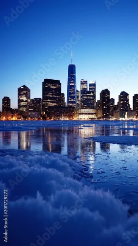 Cold weather effects create artistic frost patterns in corners perfect for holiday marketing materials and social media content celebrating the beauty of winter in metropolitan settings globally.