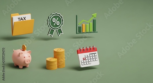 Three dimensional representing tax folder, percentage badge, rising bar graph, piggy bank, coin stacks, and calendar on a green background