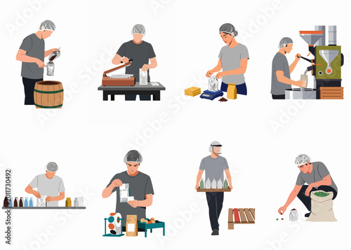 Photography Illustration of professional workers performing various stages of coffee production, including roasting, weighing, sealing, labeling, and packing coffee beans for distribution