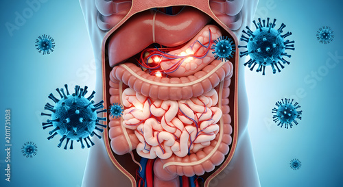 Transparent human torso showing internal abdominal organs affected by circulating virus particles and disease
