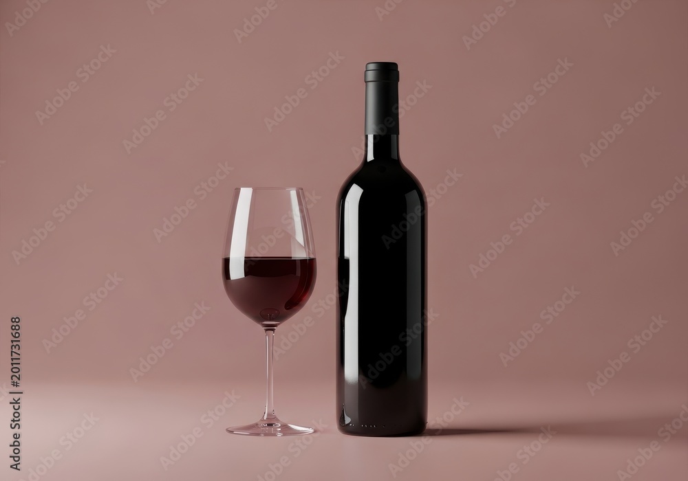 Fototapeta premium Red wine bottle and a filled glass stand against a muted neutral background.