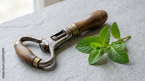 Elegant still life of vintage dental key and fresh mint sprig on gray surface