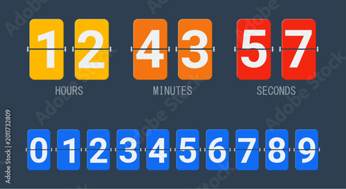 Modern flip clock countdown timer vector set with retro split flap number cards for hours, minutes and seconds. Minimal flat design vector illustration isolated on background. Digital timer interface.