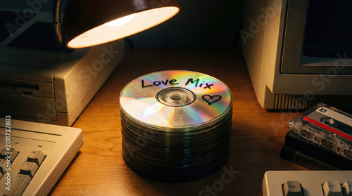 Love Mix CD Stack under Desk Lamp with Retro Computer Gear