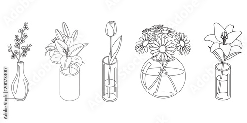 Bild auf Leinwand Vector set of minimalist flower vase line art, collection of outline floral decoration and glass vase icons for interior design and architectural rendering