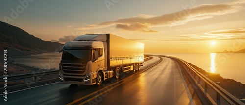 Light beige cargo semi-truck driving along winding coastal highway beside calm blue ocean during beautiful golden sunset showing long distance freight transport and logistics industry concept