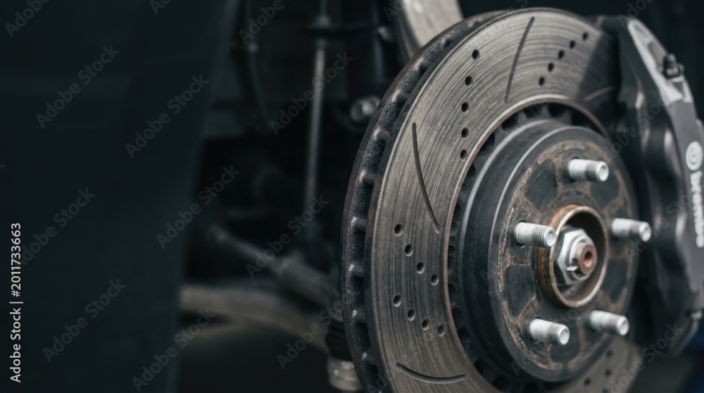 Fototapeta premium Close-up of a perforated automotive brake rotor with visible wear and grooves, highlighting mechanical detail