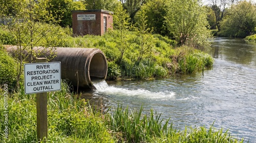 River Restoration Project Clean Water Outfall Sign Next to Pipe Discharge