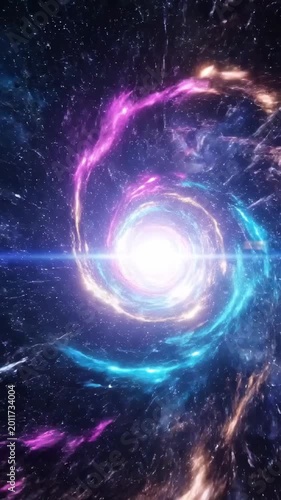 Deep cosmic portal opens gateway to unknown dimensions featuring bright central light and rotating energy rings that captivate audiences watching astronomy channels worldwide.
