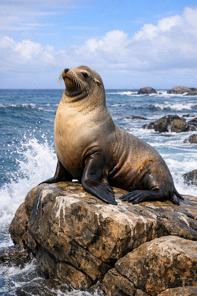 Fototapeta premium A sea lion sitting on a rock near the ocean.