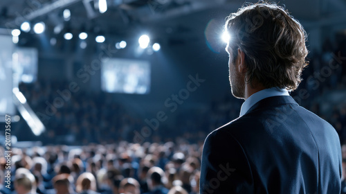 Motivational speaker business conference keynote speech leadership audience spotlight professional seminar presentation public speaking corporate event business man blurred crowd back view stage