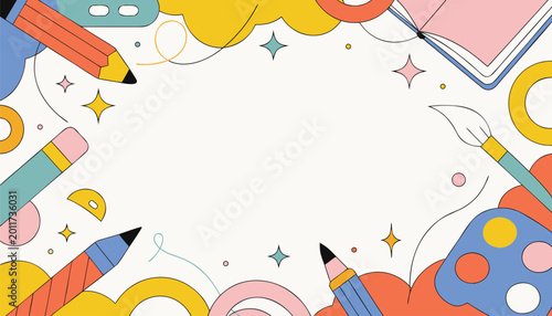 Colorful illustration of art supplies border with blank space