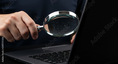 Magnifying glass over laptop keyboard, close-up, digital investigation, data analysis