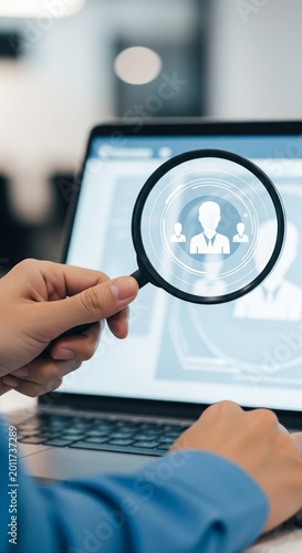 Magnifying glass over laptop screen with people icons, HR concept