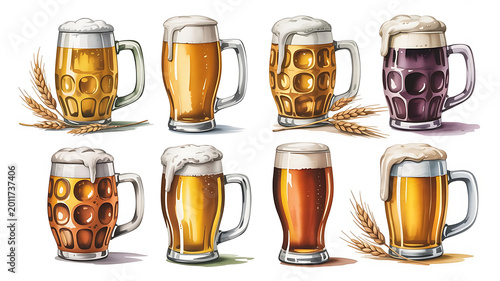 Selection of Beer Mugs and Glasses Featuring Various Brews with Foamy Heads and Wheat Stalks Artistic Illustration