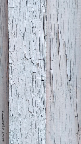 Close-Up of Severely Cracked and Peeling White Paint on Weathered Wood — Deep Vertical Fissures, Exposed Grain, and Time-Worn Texture