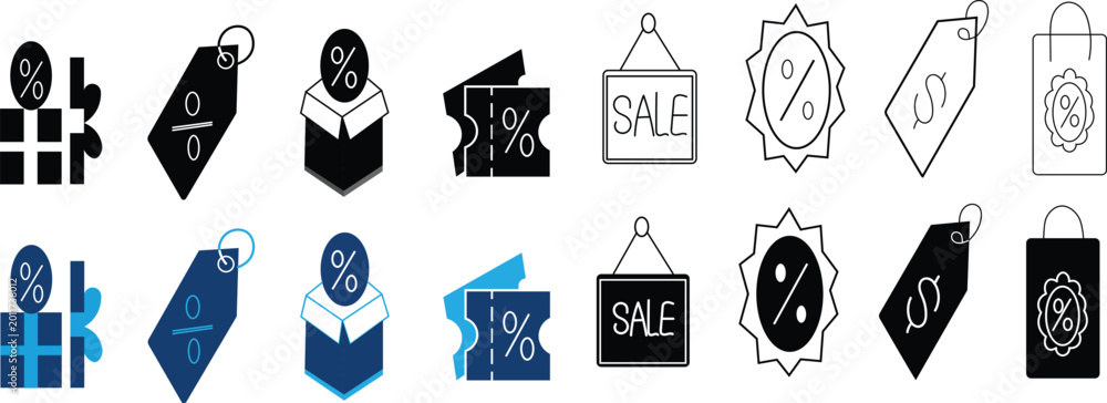 Fototapeta premium Discount and sale icon set with price tags and promotion symbols. Price discount tag icons